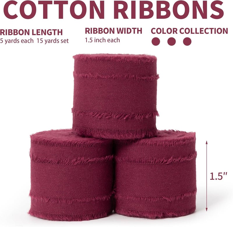 Keypan Burgundy Ribbon 1-1/2 x 15 Yards Handmade Cotton Frayed Fringe Fabric Ribbons for Crafts Flower Bouquets Wedding Baby Shower Home DIY Decor - Image 2